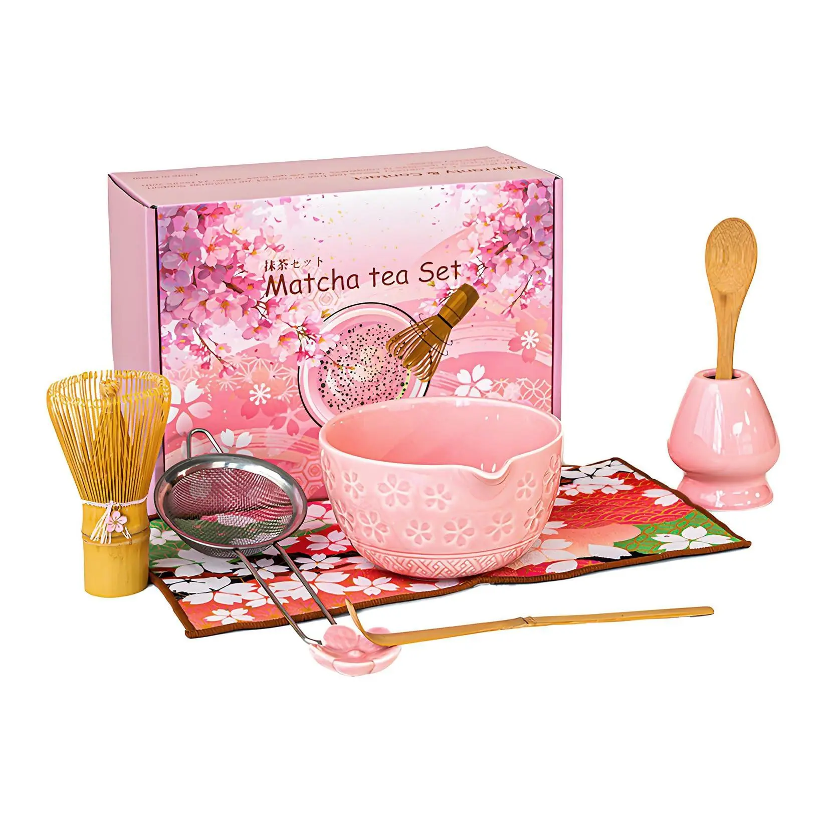 GARVEE Premium Matcha Whisk Set, Complete 8-Piece Matcha Kit with Ceramic Bowl, Bamboo Whisk, Scoop, Sifter, Holder & Tea Towel – Complete Matcha Set Kit for Beginners and Enthusiasts (Pink)