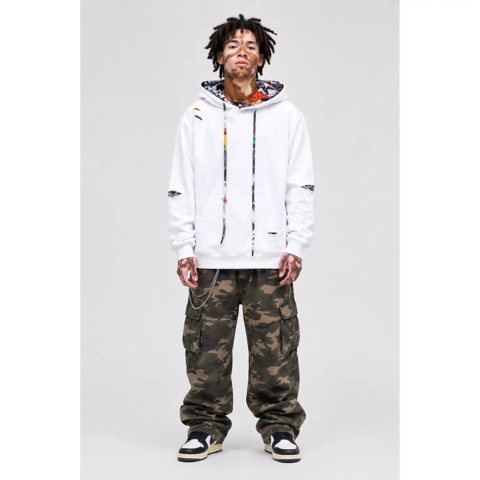 The Barcelona - Men White Ripped Graffiti Hoodie