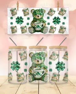 St. Patrick's Day Rhinestone Teddy Bear UVDTF Wrap for 16 Oz Libbey Glass Can