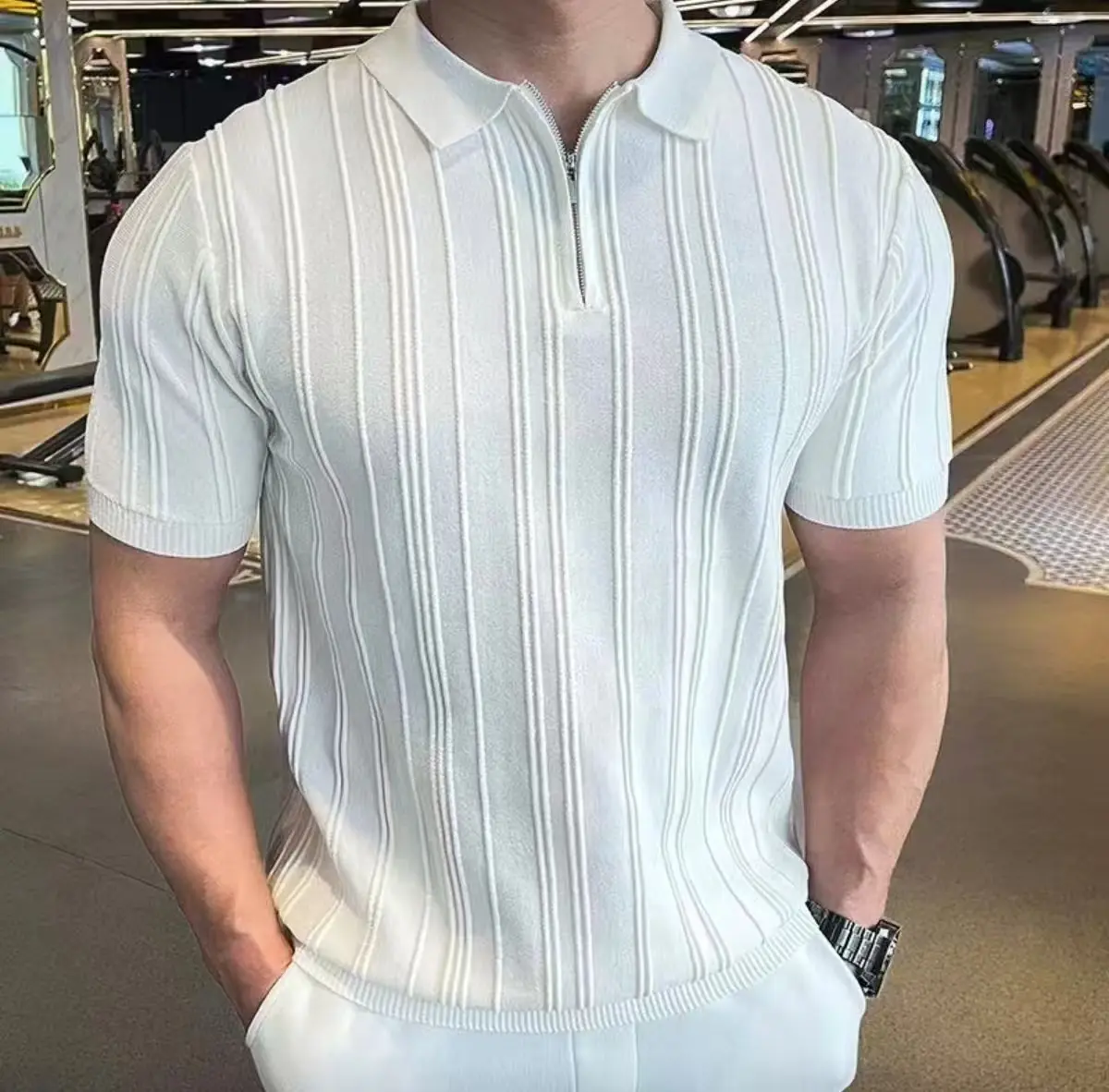 Men’s solid-color minimalist casual short-sleeve knit top, classic men’s zip shirt, men’s knit top, available in multiple colors