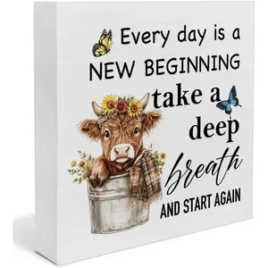 Highland Cow Decor for Bathroom Bedroom, Every day is a New Beginning Wooden Box Sign, Plaque Gift, Highland Cow Gifts for Cows Lovers Women Men 5x5 inch