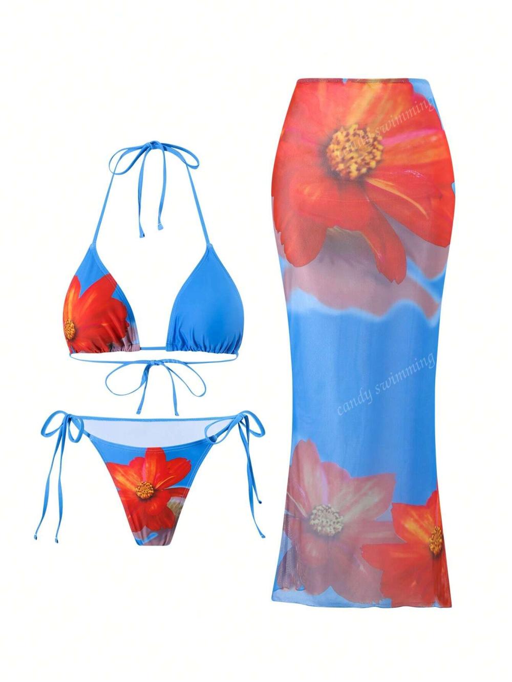 2026 New Women's 3-Piece Bikini Set – Sexy Tie-Up with Printed Long Skirt Cover-Up