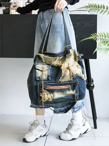 Vintage distressed frayed denim bag｜Inier trendy girl style large capacity bag, casual shoulder bag, student commuting daily crossbody bag for outings