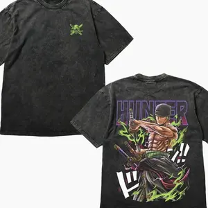 Roronoa Zoro "King of Hell" Anime T-Shirt - Vintage Washed Heavyweight Cotton Tee, Three Sword Style Graphic Streetwear, Retro Oversized Shirt for Men & Women