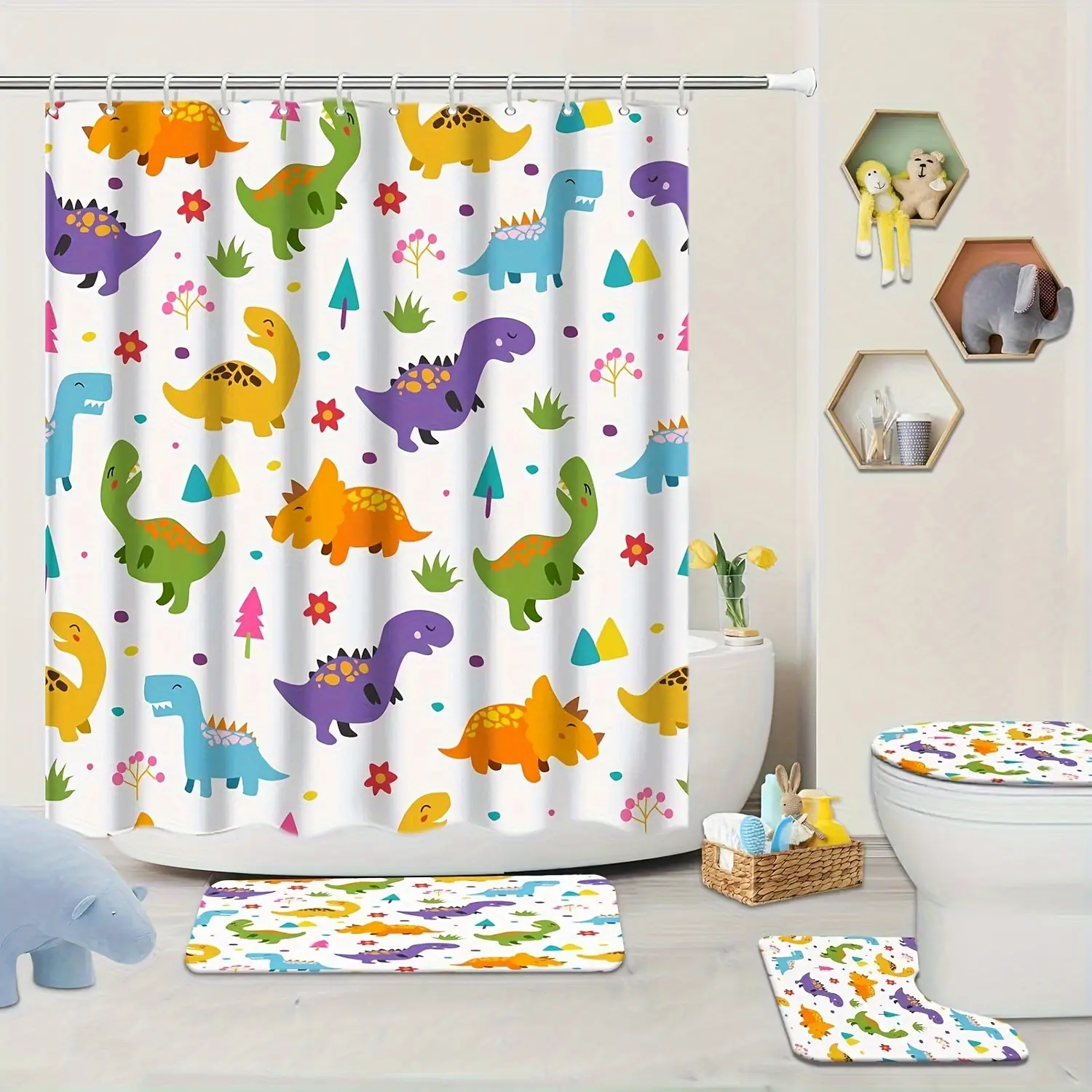 HOT 4 Pcs Kids Bathroom Set Cartoon Dinosaur Shower Curtain Sets With Non-Slip Rugs Toilet Lid Cover And Bath Mat Set  Children Boy Bathroom Decor With 12 Hooks