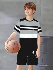 Boys' Sports Trendy Set, Striped Printed, Skin-Friendly Durable, Basketball Sport Two-Piece Set