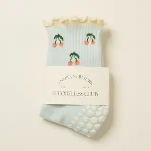 Crew Half Calf Grip Socks, Cutest Fruits Pilates Socks, Non-Slip, Barre Yoga Fitness, Cherry Printed (US, Alpha, One Size, Regular, Regular, Cherry Blue, Cherry Blue)