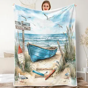 Nautical Coastal Throw Blankets, Ocean Beach Flannel Warm Soft Cozy Fluffy Bed Couch Blanket, Blue Teal Seasides Sailboat Flannel Throws to Decorate The Room and Bedroom