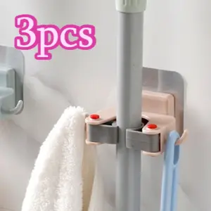 3pcs Hole-free Mop Rack, Bathroom Wall-Mounted Mop Hook, Bathroom Wall Broom Hanger, Mop Clamp