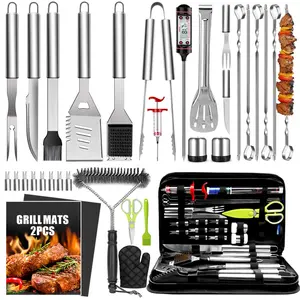 34Pcs BBQ Grill Tools Set, 16" Stainless Steel Grilling Accessories with Carry Bag, Thermometer, Grill Mats for Camping & Barbecue  Utensils