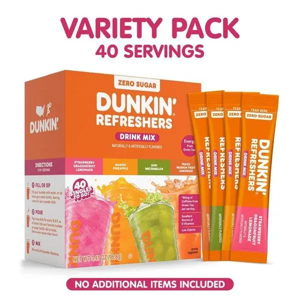 HOT !!! Dunkin Refreshers Singles To Go! Zero Sugar Powdered Drink Mix, 40 Ct Variety Pack, Energy from Green Tea, Aspartame-Free, No Synthetic Colors, 40 Single-Serve Packets, Just Add Water