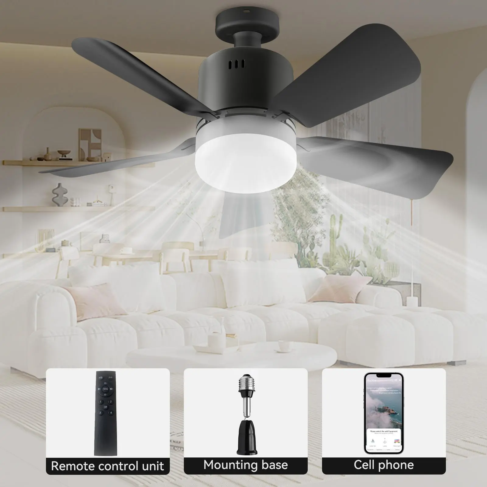 Socket Fan Light with Remote, E27 Base, Portable Small Hanging Fan Light, 5 Blades, 4 Wind Speeds Ceiling Fan Lamp for Bedroom, Living Room, Kitchen, and Laundry Room