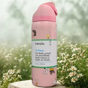 Pink Owala 32oz Insulated Bottle Pink Cartoon Style – FreeSip Straw Lid, Leakproof Design, Durable Stainless Steel, Perfect Gift for Girls & Women