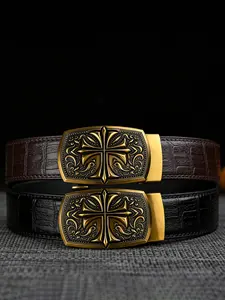 Retro floral alloy automatic buckle, luxury brand men's and women's belt, Western belt, 1.38in/3.5cm wide crocodile embossed, length can be cut, easy to adjust automatic buckle, suitable for weddings, banquets, work, daily life