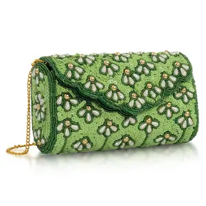 La Marey Bead Work in Dupion Silk Sling Bag with Shoulder Chain Strap