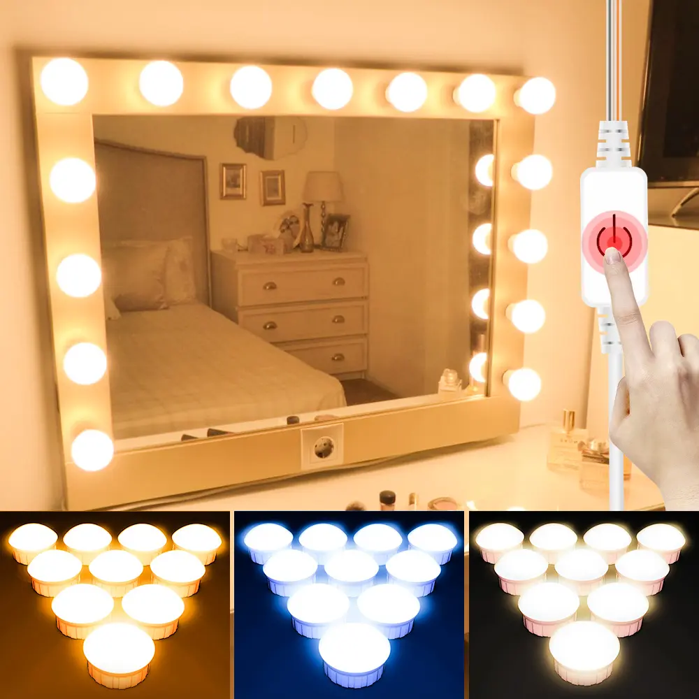 Hollywood LED Makeup Light, Led Lighted, Mirror Lights Touch Stepless Dimmable USB 5V 3Colors Adjustable Brightness Dressing Table Bedroom Cloakroom Bathroom Eye Protection No Flicker Mirror Cabinet Lighting Warm/Cool/Natural White 2/6Bulbs