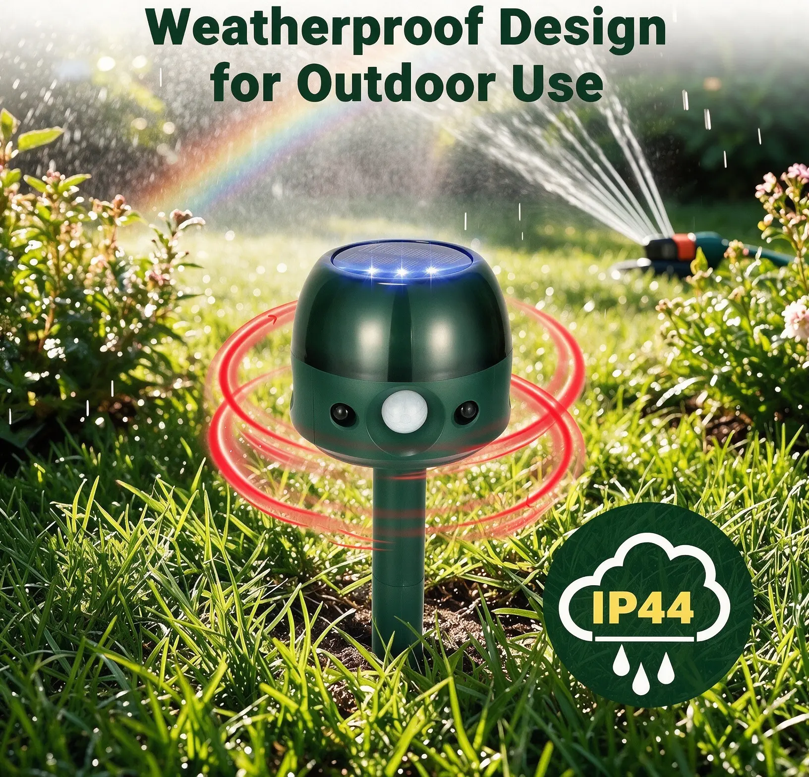 360° Solar Ultrasonic Animal Repeller with PIR Motion Sensor and LED Strobe Lights. This IP44 waterproof outdoor deterrent humanely keeps deer, raccoons, coyotes, stray dogs and cats away from your yard, garden, orchard or farm.