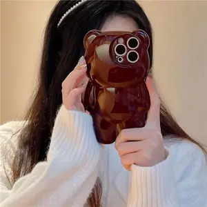 Cute Solid-color Cartoon Bear Smartphone Case for iPhone 16 15 14 Plus 13 12 Pro Max 11 Full-coverage 3D Shockproof Protective Case