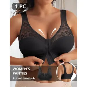 QUASTI Women's Plus Size Front Closure Wireless Bra - Racerback, Smooth, Basic, Lightweight, Stretchy, Lace Full Coverage Seamless Unlined Sheer Mesh, Comfortable Everyday Support, Women's Clothes, 1XL-5XL, Do Not Dry Clean