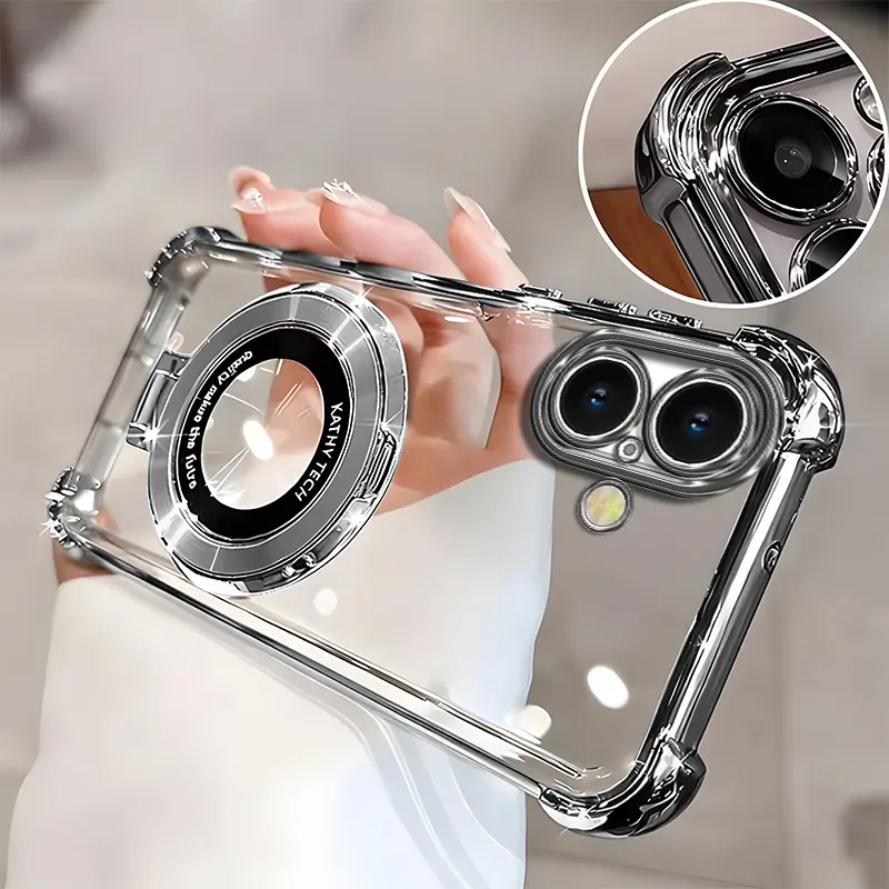 Suitable for [iPhone 16 Plus] high-end phone case🥰, Electroplated Luxury Clear Phone Case with Ring Stand Holder 4-Corner Shockproof Camera Protective Cover 952