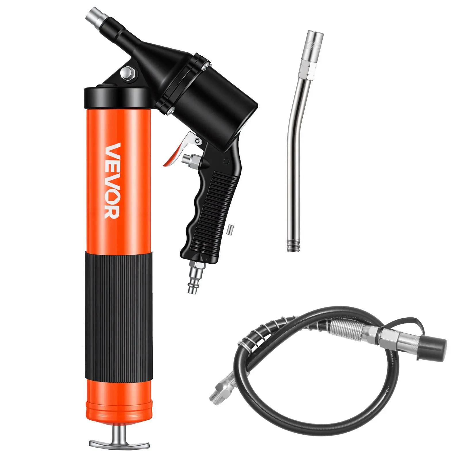 【Summerfinds】VEVOR Grease Gun,Continuous Cycle Heavy Duty 6000 PSI High PressurePistol Grip Grease Gun Kit with 14 oz CapacityIncludes 18-Inch Flex Hose1 Extension Rigid Pipe2 Flat Nozzles for Automotive, Work, Carbon Steel, Efficient Loading