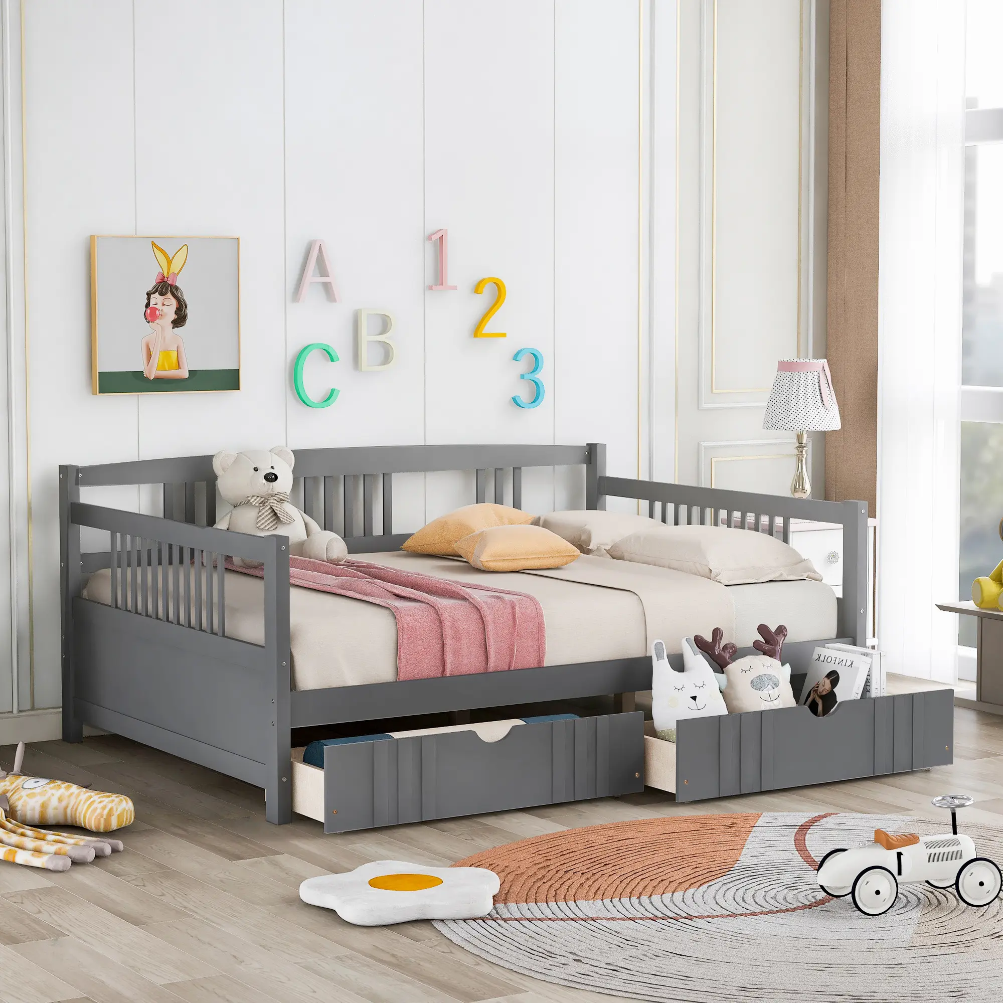 Dreamzon Full Size Daybed Wood Bed with Two Drawers,Gray(OLD  SKU:LP000058AAE)