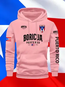 Men's Fall Winter Trendy Puerto Rico Print Hoodie Letter Logo, Casual Fitted Pullover, Drawstring Pocket Design, Geometric Pattern, Sporty Style