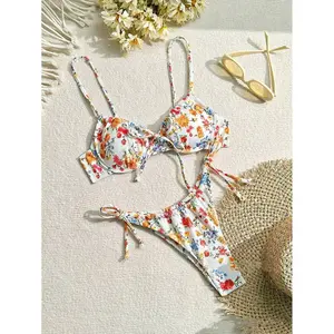 2026 Women Floral Printed Bikinis Set Push Up Bra Split Set Summer Two Piece Sexy Beachwear Swimsuits