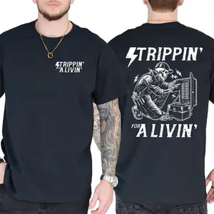 Strippin’ for a Livin’ Funny Electrician T-Shirt for Men, Blue Collar Graphic Work Shirt, Short Sleeve Cotton Tee