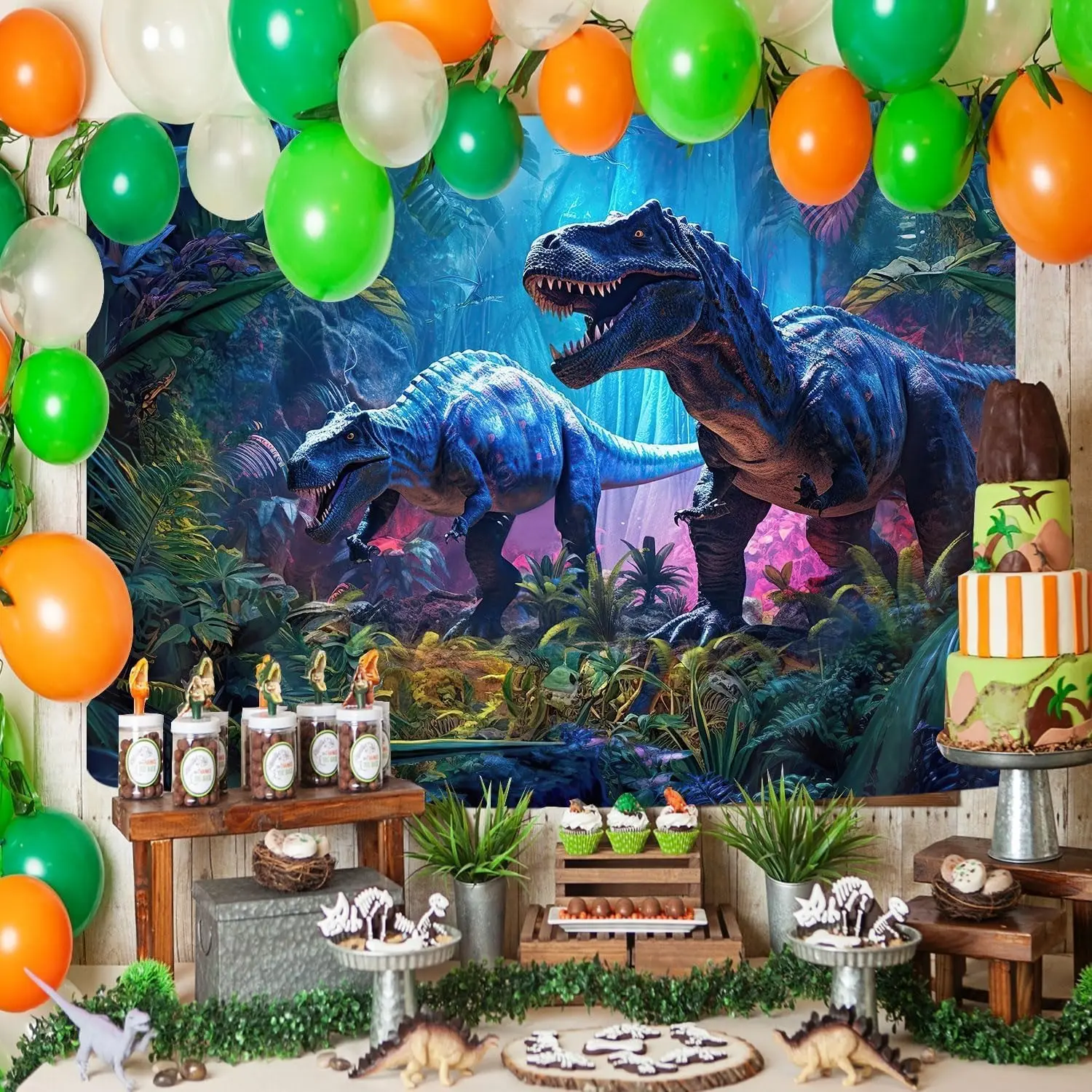 Neon Gradient Geometric Polyester 2D Printed Blue T-Rex Jungle Backdrop Banner - Quick Prep Large Size for Dinosaur-Sci-Fi Theme Ceremony, Anniversary, Children's Room Decoration, Photo Use