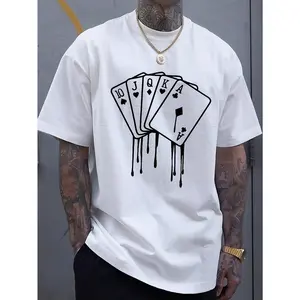 Men's Casual Short Sleeve Summer Tee with Melted Playing Cards Graphic, Machine Washable Design