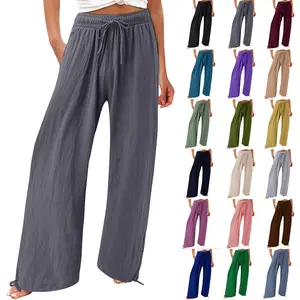Women's Summer Linen Wide Leg Crop Pants, Adjustable Drawstring Fabric, Comfy & Versatile Fit for Outdoor Activities
