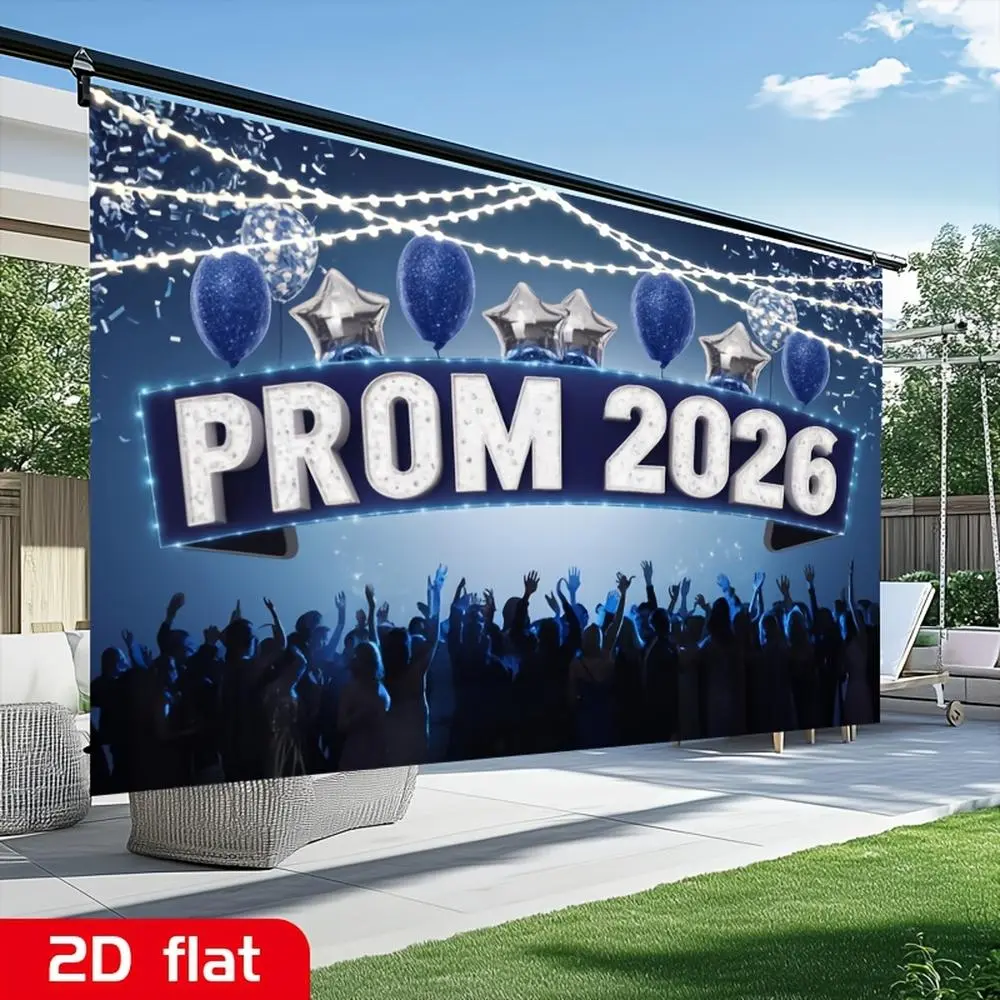 2D Flat, [Party Banner] 2D Flat Banner, 1pc Prom 2026: Glitter Text, Blue Balloons, Stars, String Lights, Festive Crowd Backdrop, for Party Decor Farm, Home, Garden, Room, Club, No Electricity, Gift for