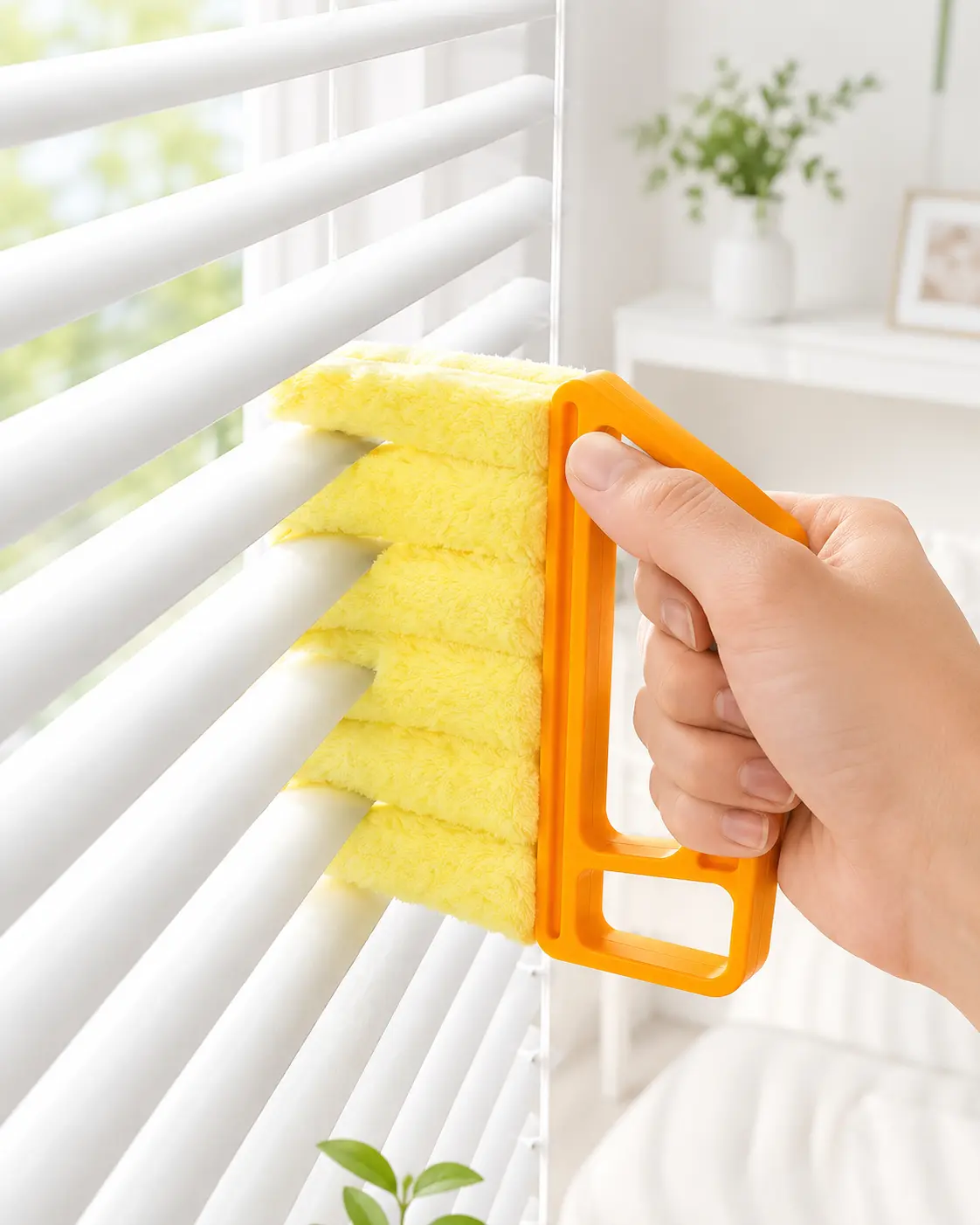 Handheld Microfiber Blind Duster with Orange Handle - Home Supplies Dustremoval Tool for Home Users, Soft, Surface-Gentle, Lightweight, Washable, Microfiber Heads, Reaches Difficult Areas, Fits Window Needs, Dusters for Cleaning