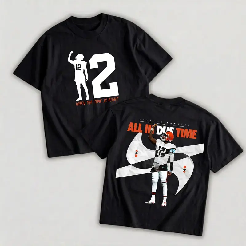 Shedeur Sanders 12 'All in Due Time' Game Day Retro Unisex 100% Heavyweight Cotton T-Shirt – Shedeur Sanders Fans Shirt, Cleveland Graphic Football Shirt, Game Day Outfits, Gift For Football Fans