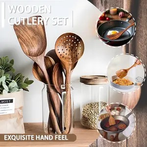 5Piece Premium Wood Kitchenware Set with Ergonomic Handles Purely Natural Eco-Friendly Material- Includes Spoon, Tablespoon and Sauté Spatula, Heat-resistant, Easy-to-Clean, Durable Cooking Tools for Non-Stick Pans Utensils Wooden Cookware Stirring