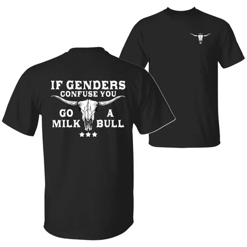 Graphic T-shirt – If Gender Confuses You, Squeeze Out a Bull| funny satire tee, gender humor t-shirt, two-sided graphic, unisex cotton, streetwear