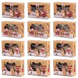 [holiday gifts][christmas gift] 12pcs Christmas Gift Boxes with Santa, Snowman, Reindeer, Gingerbread for Man - Kraft Paper Boxes with Window Cutouts, Light Brown Holiday Party Favors, Xmas Goodie Containers for Cookies, Candy, Cards - Fest
