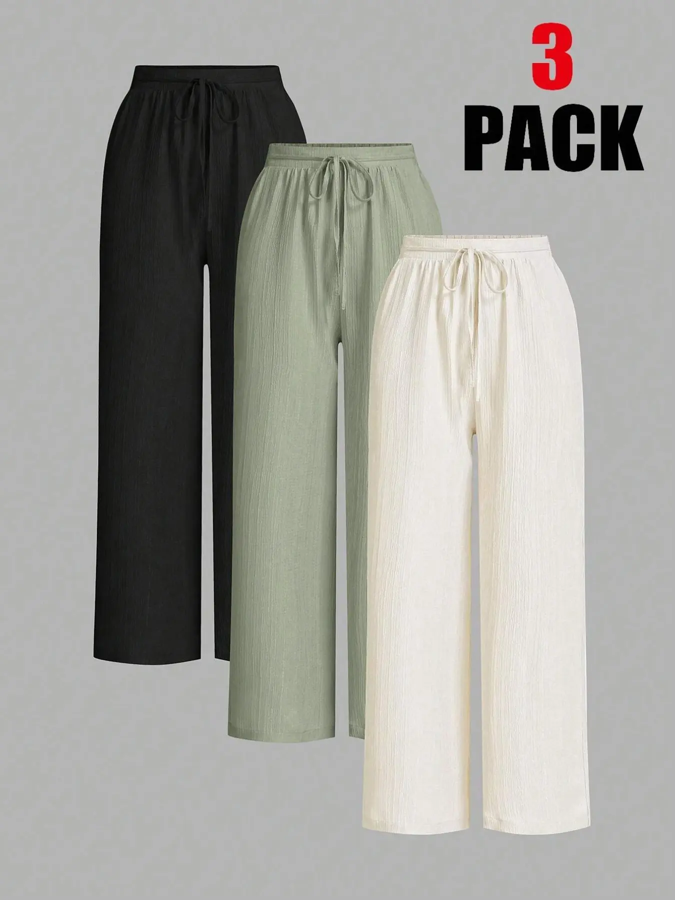 3-Pack Women's Solid Color Wide Leg Loose Fit Casual Pants, Waist-Tied Adjustable Design, Versatile Bottoms for Home, Commute and Shopping, Suitable for All Seasons