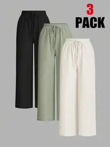 3-Pack Women's Solid Color Waist-Tied Wide Leg Loose Fit Casual Pants, Versatile for Home, Commute, Shopping, All Seasons