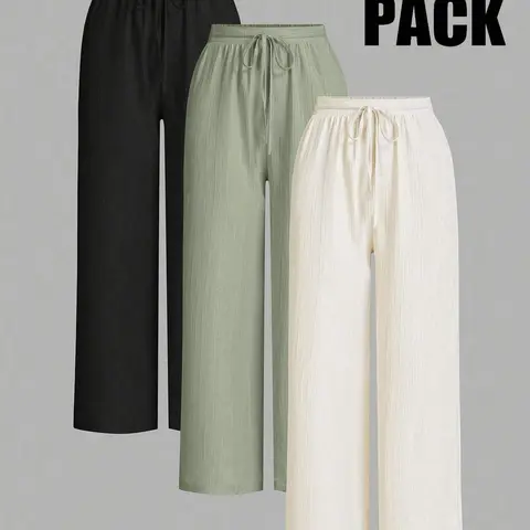 3-Pack Women's Solid Wide Leg Loose-Fit Casual Pants, All-Season Waist-Tied Long Trousers, Home, Commute, Leisure, Casual Comfy Trousers