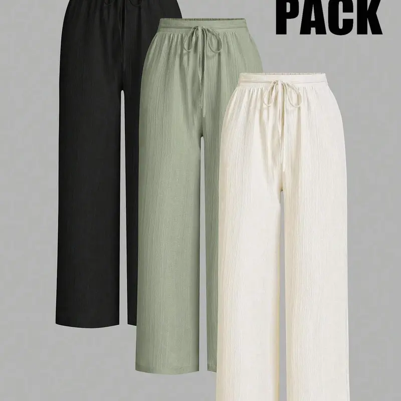 3-Pack Women's Solid Wide Leg Loose-Fit Casual Pants, All-Season Waist-Tied Long Trousers, Home, Commute, Leisure, Casual Comfy Trousers