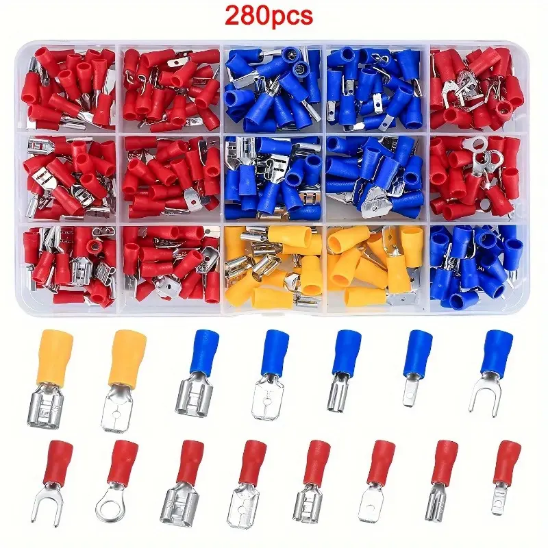 280pcs Crimp Spade Brass Terminal Electrical Wire Cable Connector Kit, Crimp Spade Insulated Ring Fork Crimping Tool, Insulated Connectors