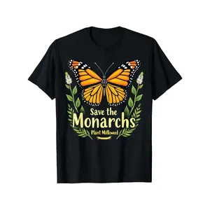 Save The Monarchs Plant Some Milkweed Butterfly T-Shirt - Unisex Relaxed Fit Short Sleeve Round Neck Tee with Monarch Butterfly & Milkweed Design, Slight Stretch, All-Season Casual Wear for Men & Women, Nature Conservation Apparel for Easter