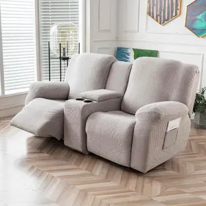 Recliner Loveseat Cover with Center Console, 2 Seater Leaf Jacquard Recliner Sofa Slipcover with Pockets, Washable Furniture Protector