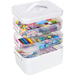 3-Layer Plastic Craft Storage Box with Lid and Handle, Removable Tray Art Supply Organizer, Portable Stackable Storage Container, Multipurpose Desktop Holder for Beads, Ornaments, Nail Polish and Small Daily Craft Accessories craft storage