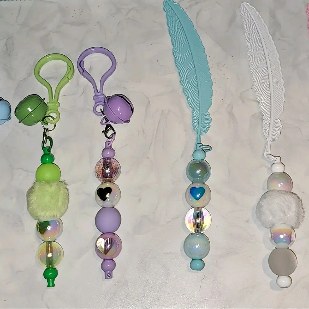 Keychain or purse Clips with Bells and Feathered Bookmarks - Colorful Beaded Design for Stylish Accessory