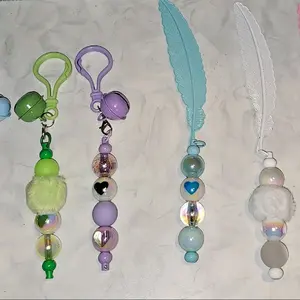 Keychain or purse Clips with Bells and Feathered Bookmarks - Colorful Beaded Design for Stylish Accessory