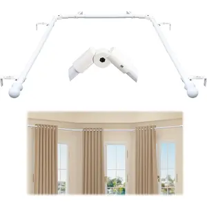 Bay Window Curtain Rods White, U-shaped Curved Adjustable Curtain Rods for Windows 59 to 184 Inches, 1 Inch Renter Friendly Heavy Duty Curtain Rods for Bedroom, Living Room Curtains