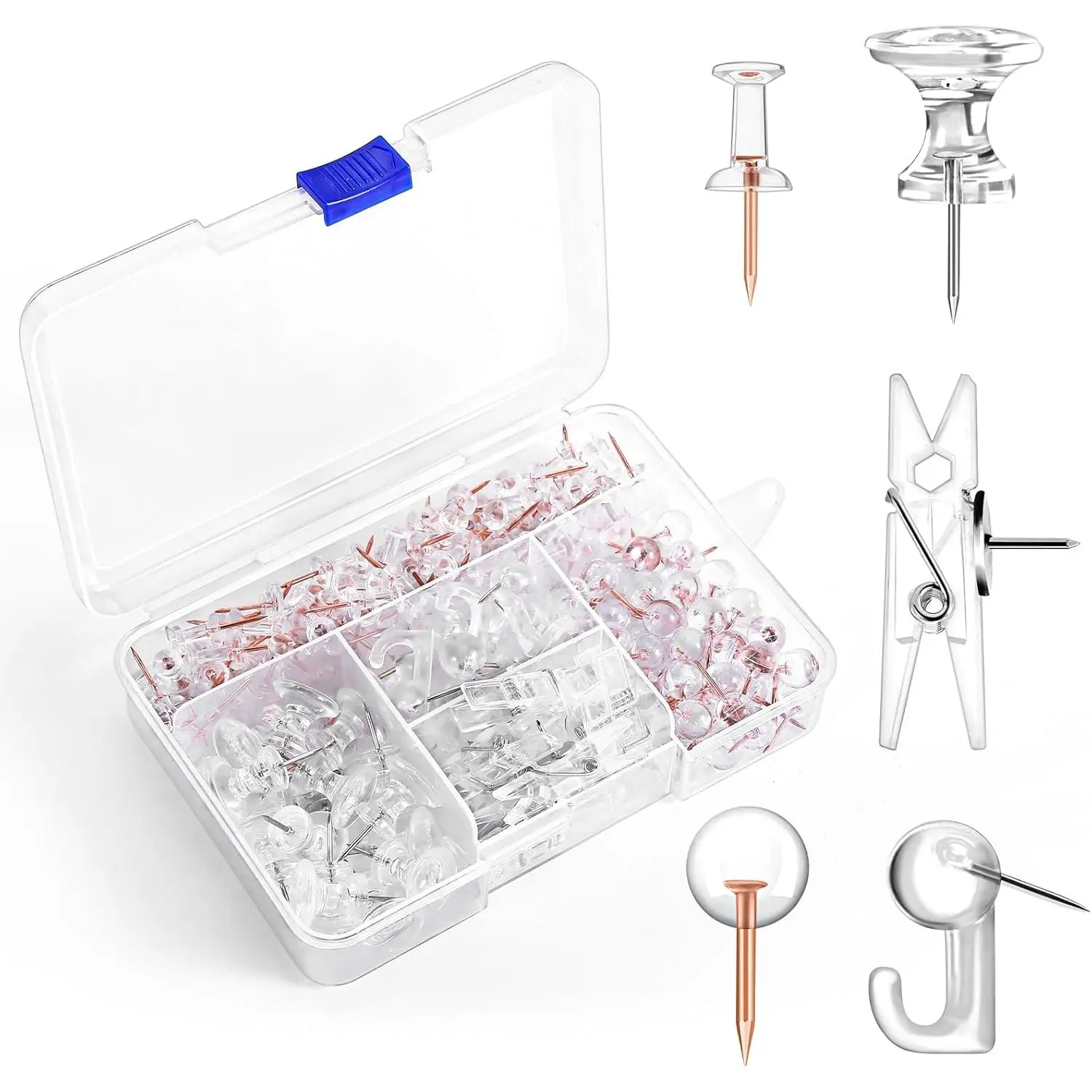 240 count Clear Thumb Tacks,5 Style Thumbtacks, Clear Plastic Push Pins for Cork Board, Bulletin Boards, Wall